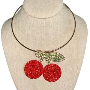 Ruby Red Rhinestone Encrusted Cherry Choker Statement Necklace